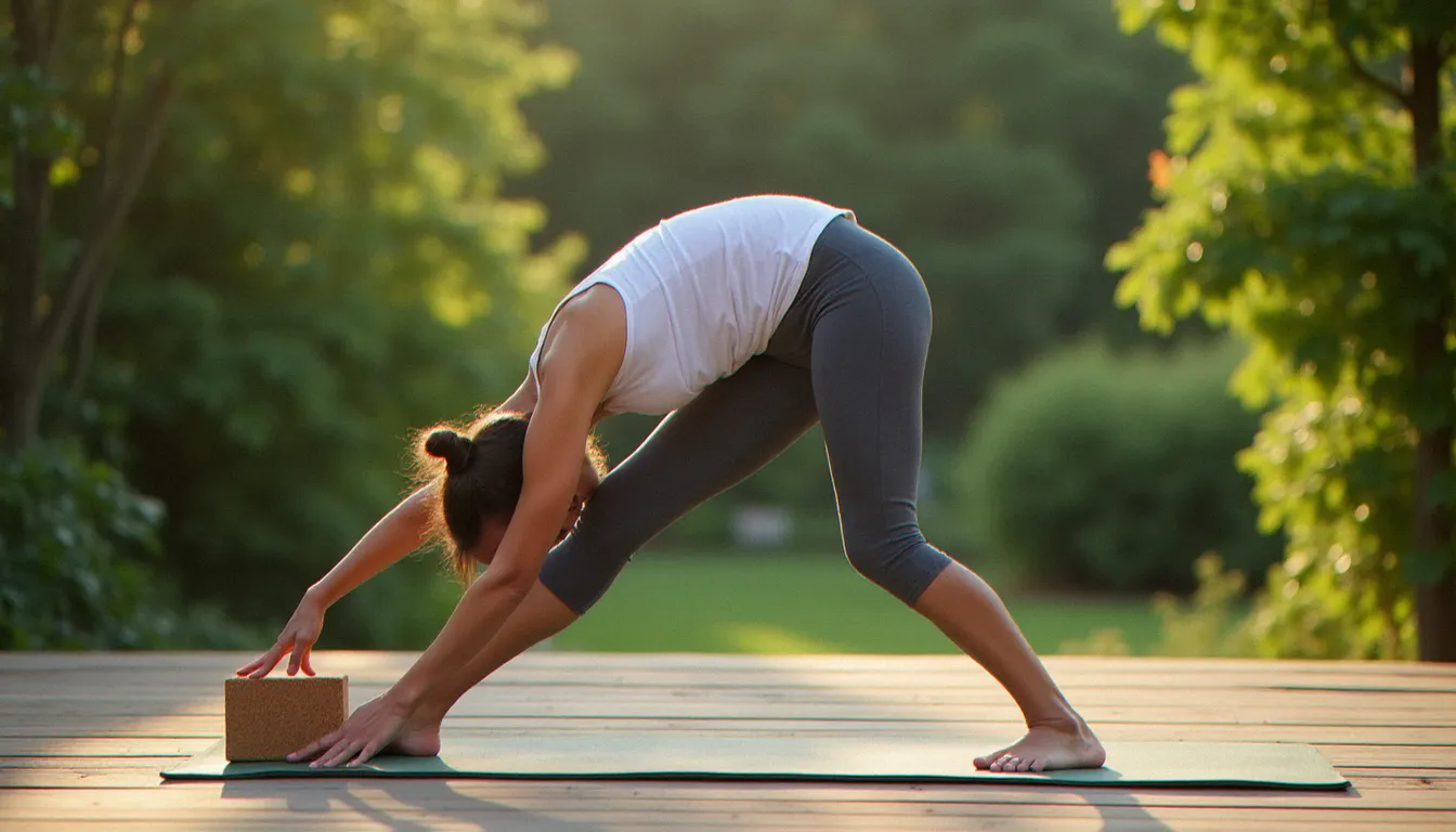 Femme utilisant une brique de yoga en liège dans la posture du triangle en extérieur pour maintenir un alignement optimal