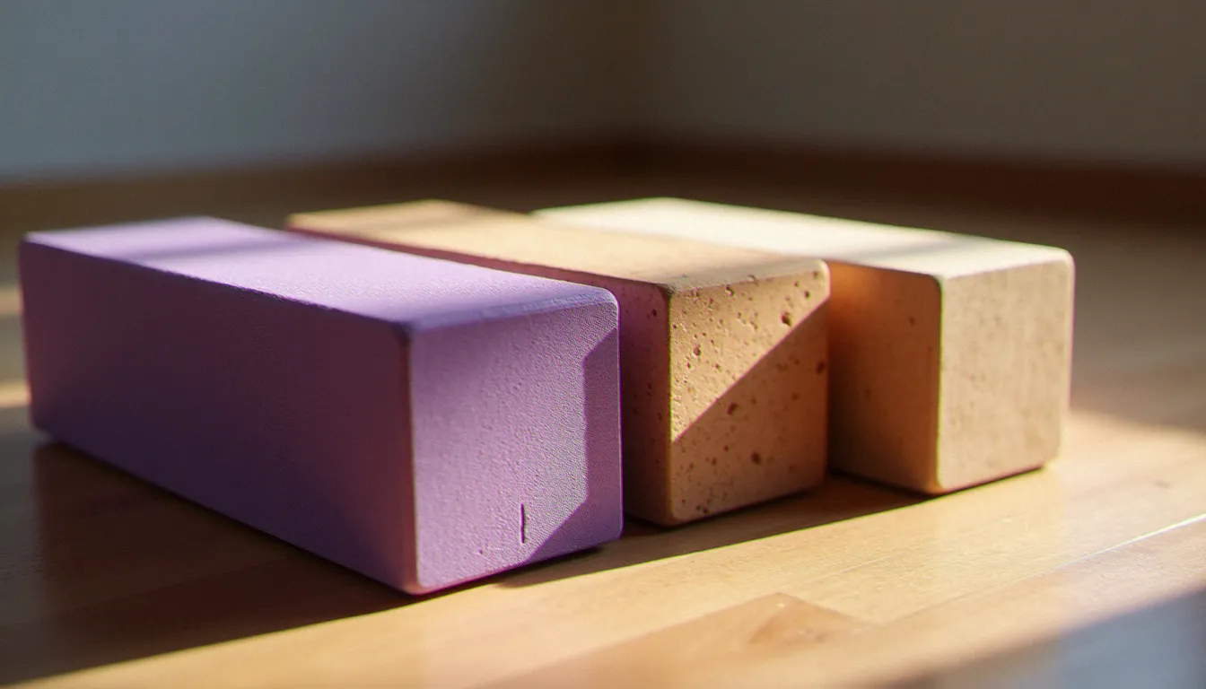 Comparaison de trois types de briques de yoga côte à côte : mousse EVA, liège naturel et bois, pour aider à choisir le bon modèle