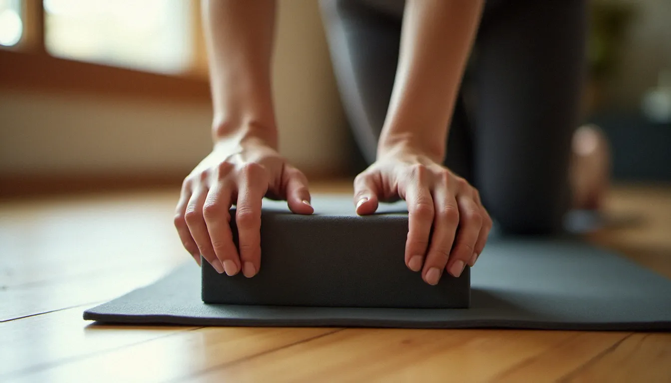 Mains posées sur une brique de yoga en mousse lors d'une flexion avant, démonstration d'utilisation concrète de la brique