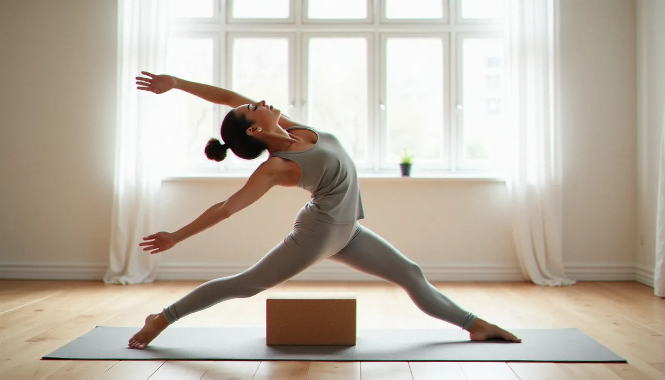 Femme en posture du triangle avec une brique de yoga en liège sous la main, illustration de pourquoi faire avec une brique de yoga