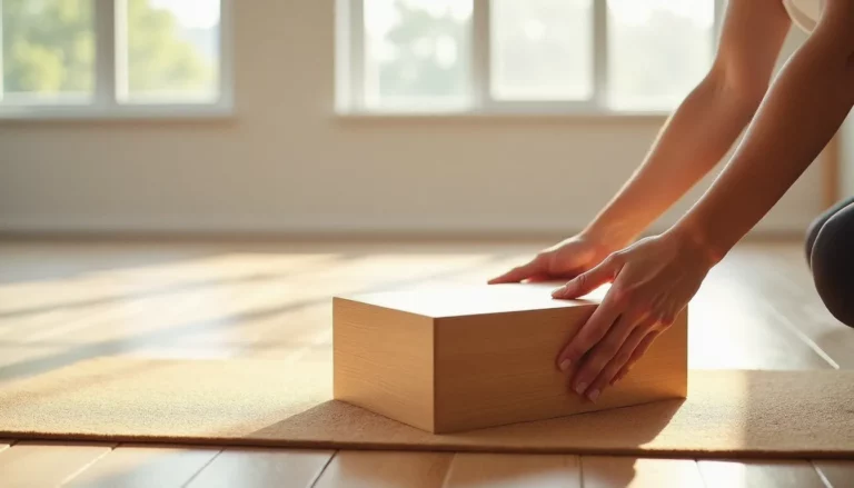 Brique de yoga en liège posée sur un tapis dans un studio lumineux — accessoire essentiel pour comprendre pourquoi utiliser une brique de yoga