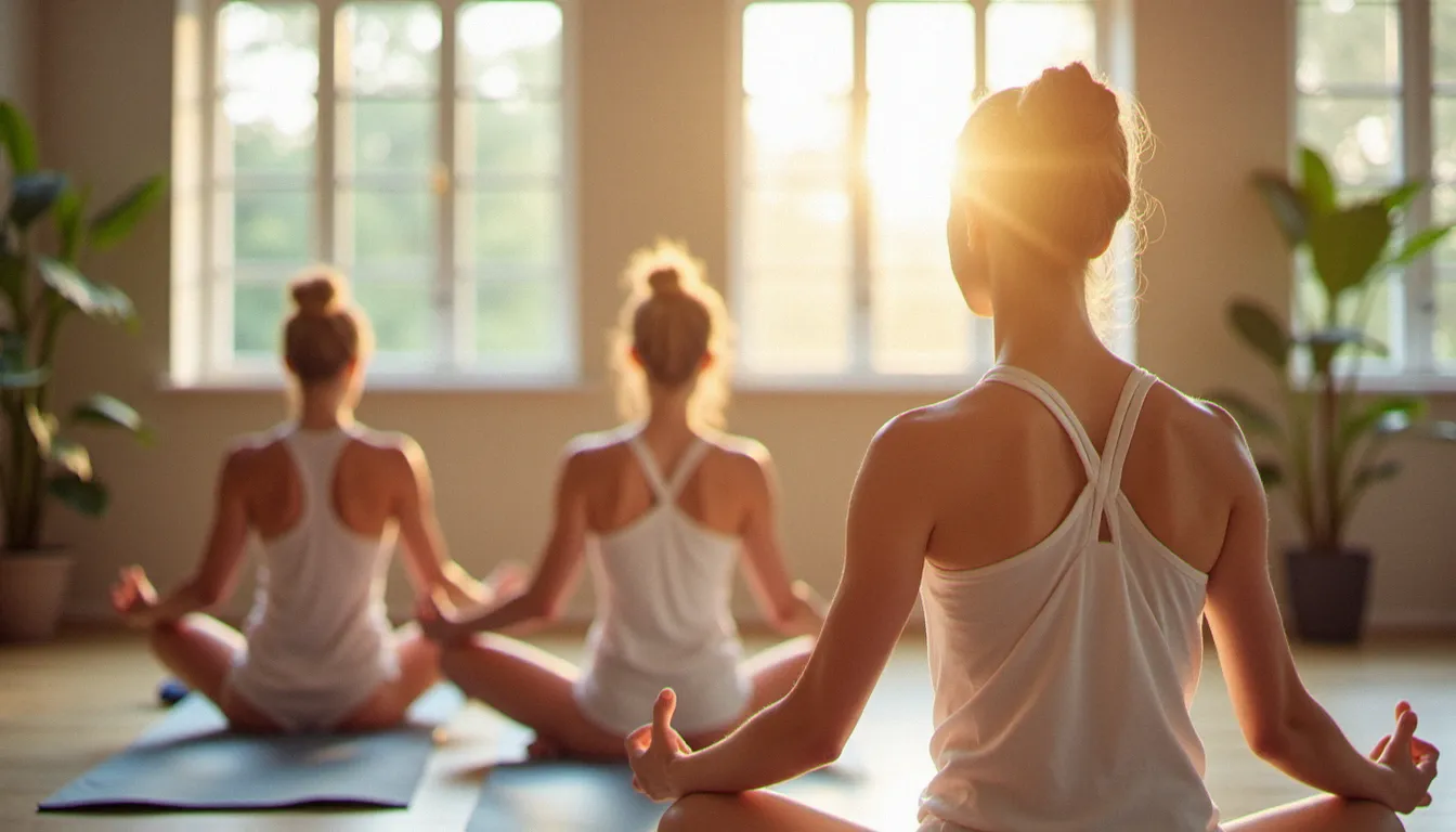 Professeure de yoga guidant des élèves débutants dans une séance de kundalini yoga en toute sécurité dans un studio lumineux
