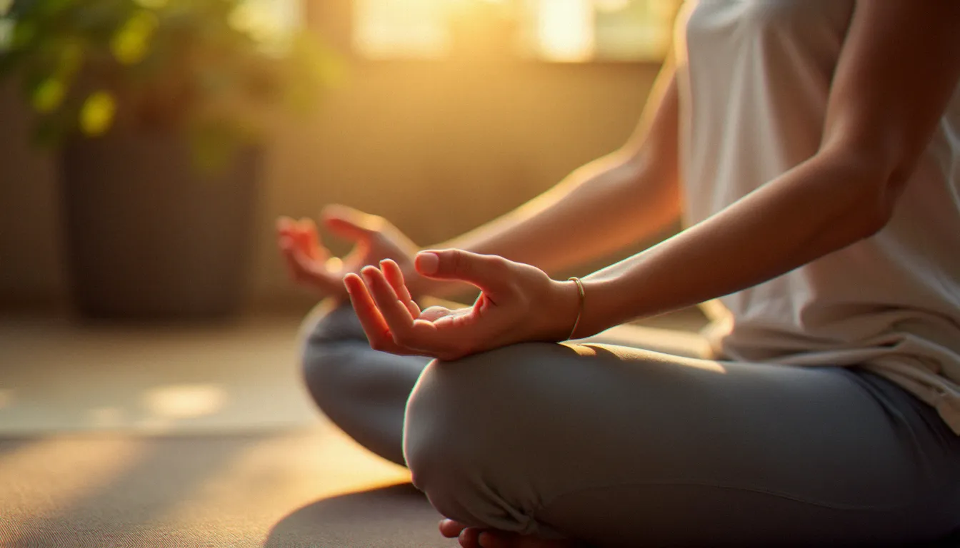 Gros plan sur les mains d'une pratiquante en mudra pendant une séance de meditation guided yoga, lumière naturelle douce et chaleureuse