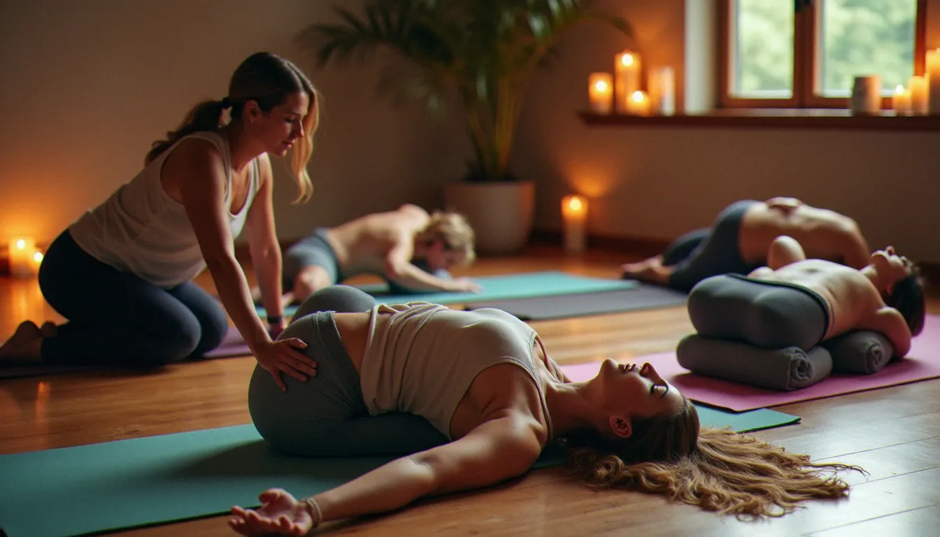 Professeure de yoga guidant un groupe en posture de yin yoga allongée dans un studio chaleureux aux bougies, illustration d'une séance de meditation guided yoga en groupe