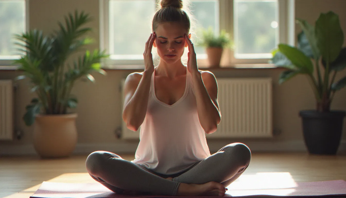 Pratiquante de yoga ressentant un malaise pendant une séance de pranayama, illustrant les dangers d'une respiration trop intense