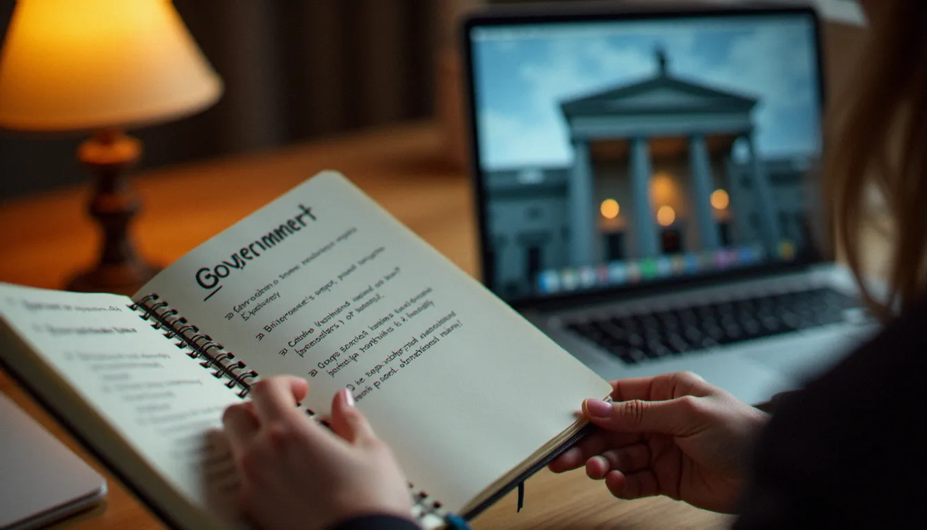 Mains tenant un carnet de notes ouvert avec des questions écrites, ordinateur en arrière-plan affichant un site officiel, symbolisant la recherche d'information sur les dérives sectaires du sahaja yoga