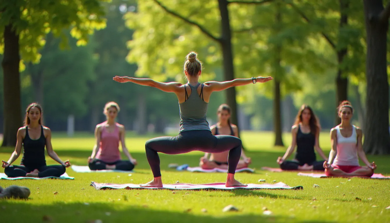 Cours de yoga en plein air dans un parc en France avec une professeure démontrant la posture du guerrier à un petit groupe