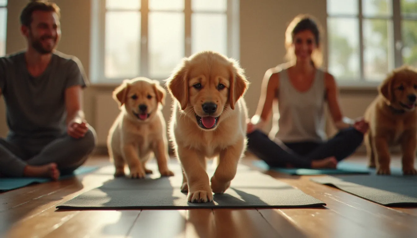 Séance de yoga avec des chiots dans un studio cosy, chiots golden retriever se promenant entre les tapis pendant la pratique