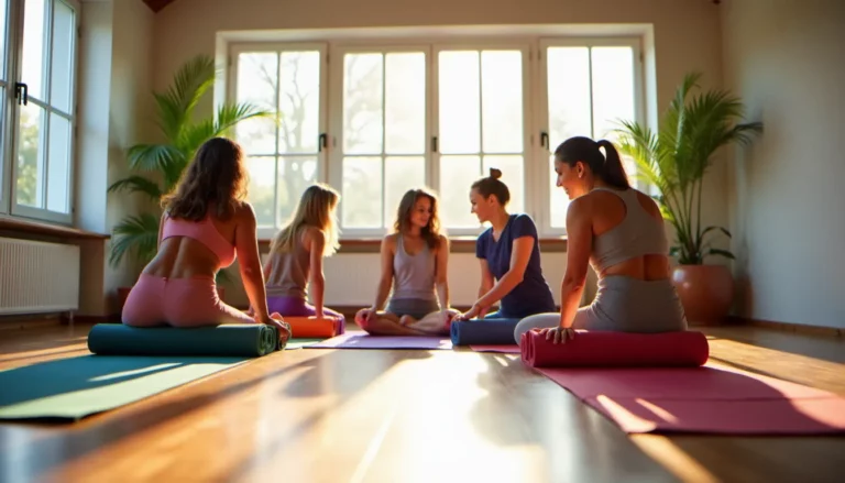 Groupe de personnes cherchant un cours de yoga autour d'eux dans un studio lumineux avec parquet et grandes fenêtres