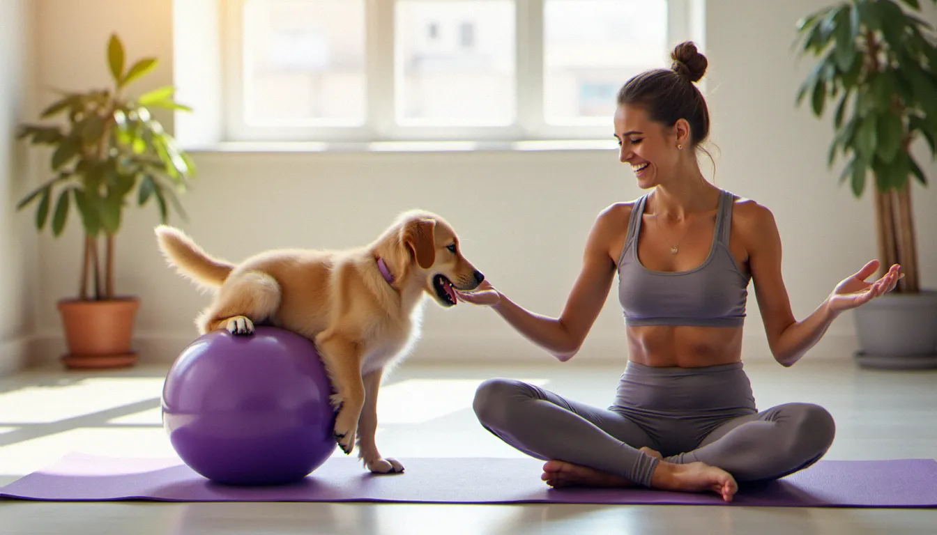Chiot golden retriever reniflant un ballon de yoga violet pendant qu'une femme rit sur son tapis de yoga à côté
