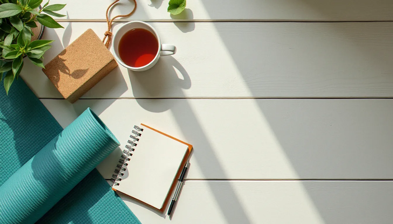 Vue en plongée d'accessoires de yoga disposés sur un parquet clair, illustrant les différents styles et équipements liés aux avis sur le yoga