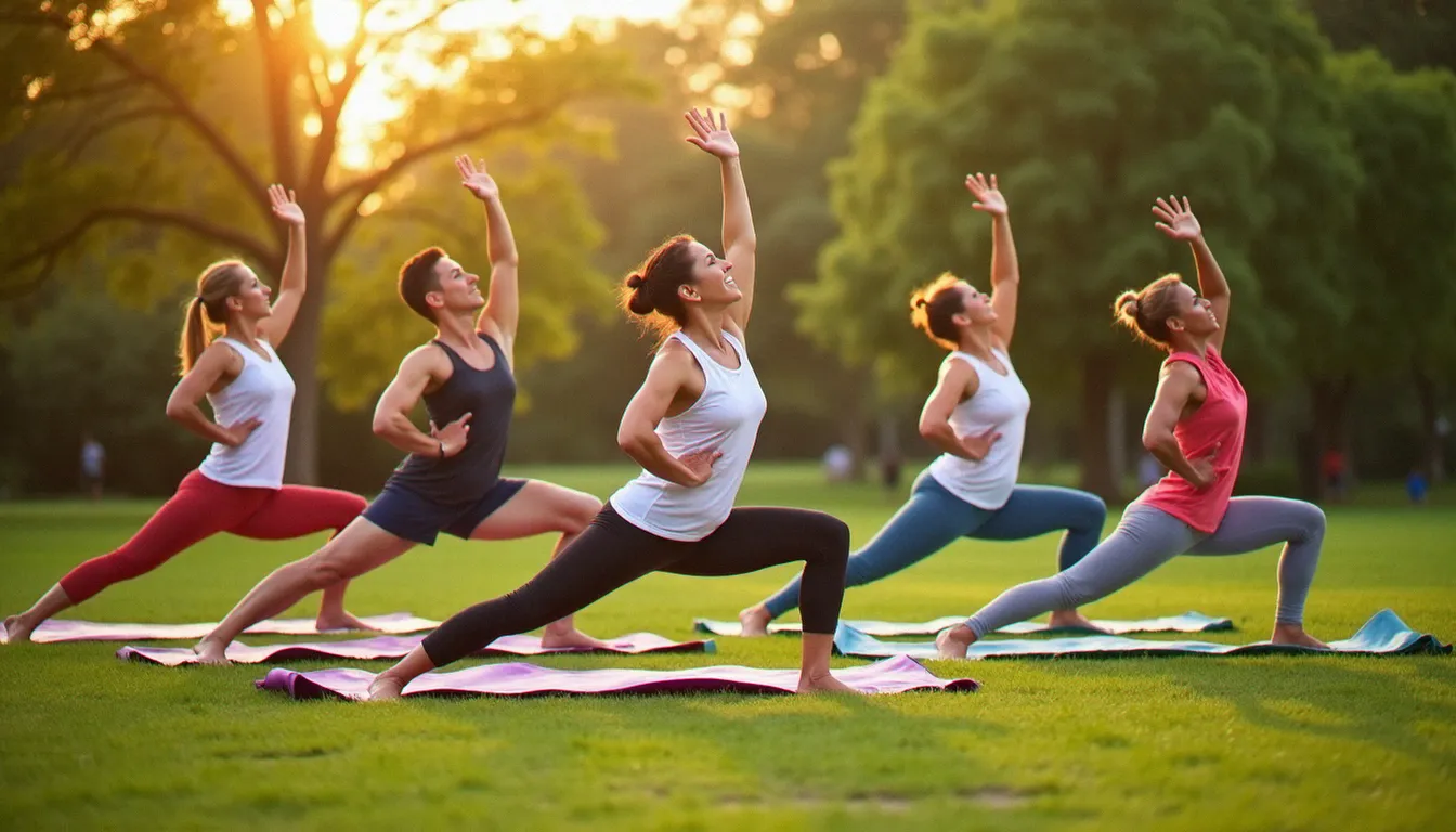 Un groupe diversifié de pratiquants de yoga en posture du guerrier dans un parc ensoleillé, illustrant l'accessibilité du yoga pour tous les profils selon les avis des pratiquants