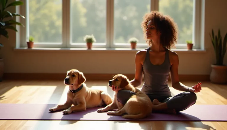 Une femme pratiquant le yoga en méditation assise avec deux chiots golden retriever près d'elle dans un studio lumineux — illustration du yoga avis et expériences de pratiquants