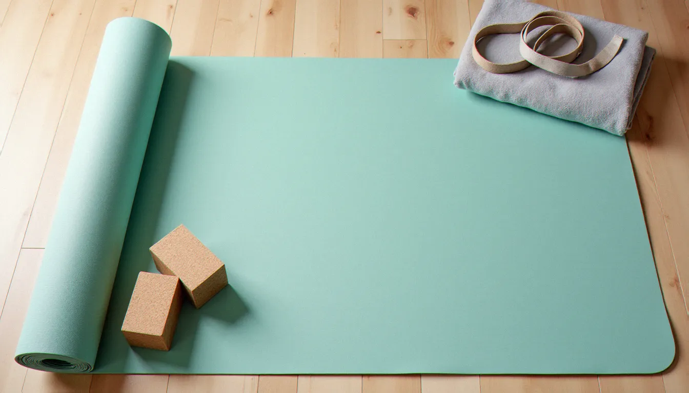 Matériel de yoga pour débutants disposé sur un parquet clair : tapis, briques en liège, sangle et couverture