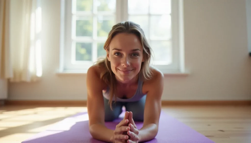 Débutante en yoga pratiquant la posture de l'enfant sur un tapis violet dans un studio lumineux — yoga beginners guide