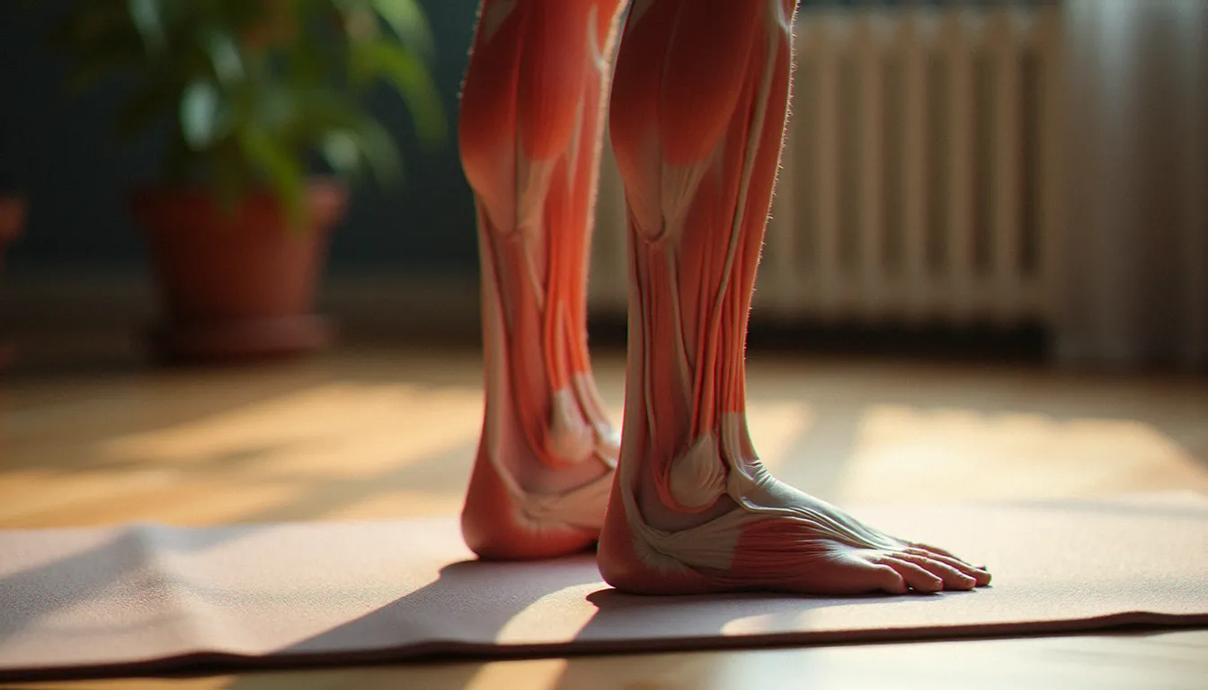 Gros plan sur les ischio-jambiers en étirement lors d'une posture de yoga, illustrant les mécanismes biomécaniques du stretching selon Jules Mitchell