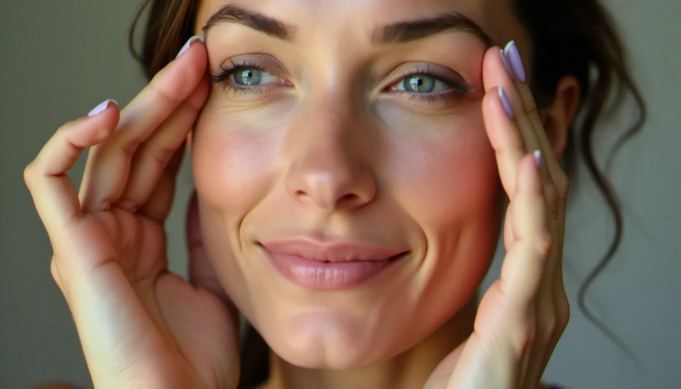 Gros plan sur un exercice de yoga facial avec résistance légère des doigts autour des yeux, en lumière naturelle