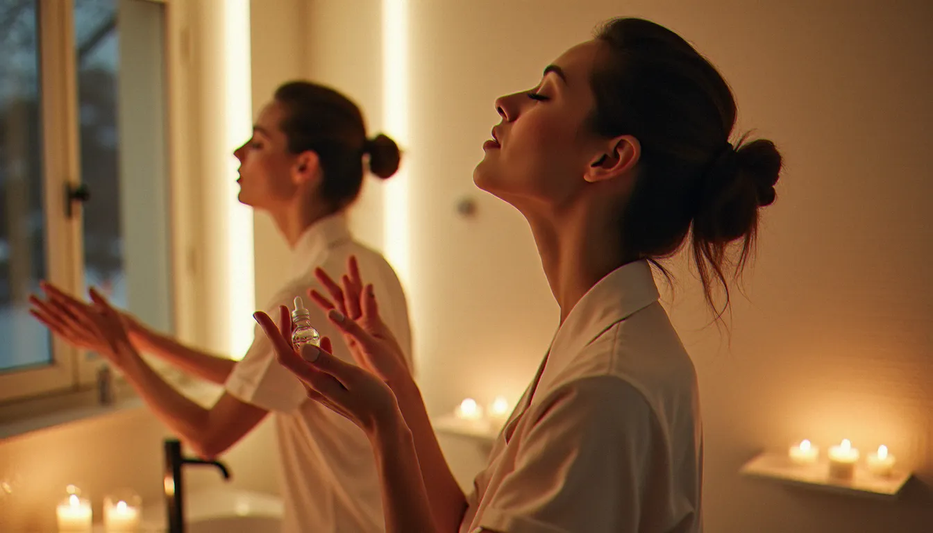 Femme effectuant un exercice de yoga du visage pour le cou et le menton pendant sa routine du soir dans une salle de bain lumineuse
