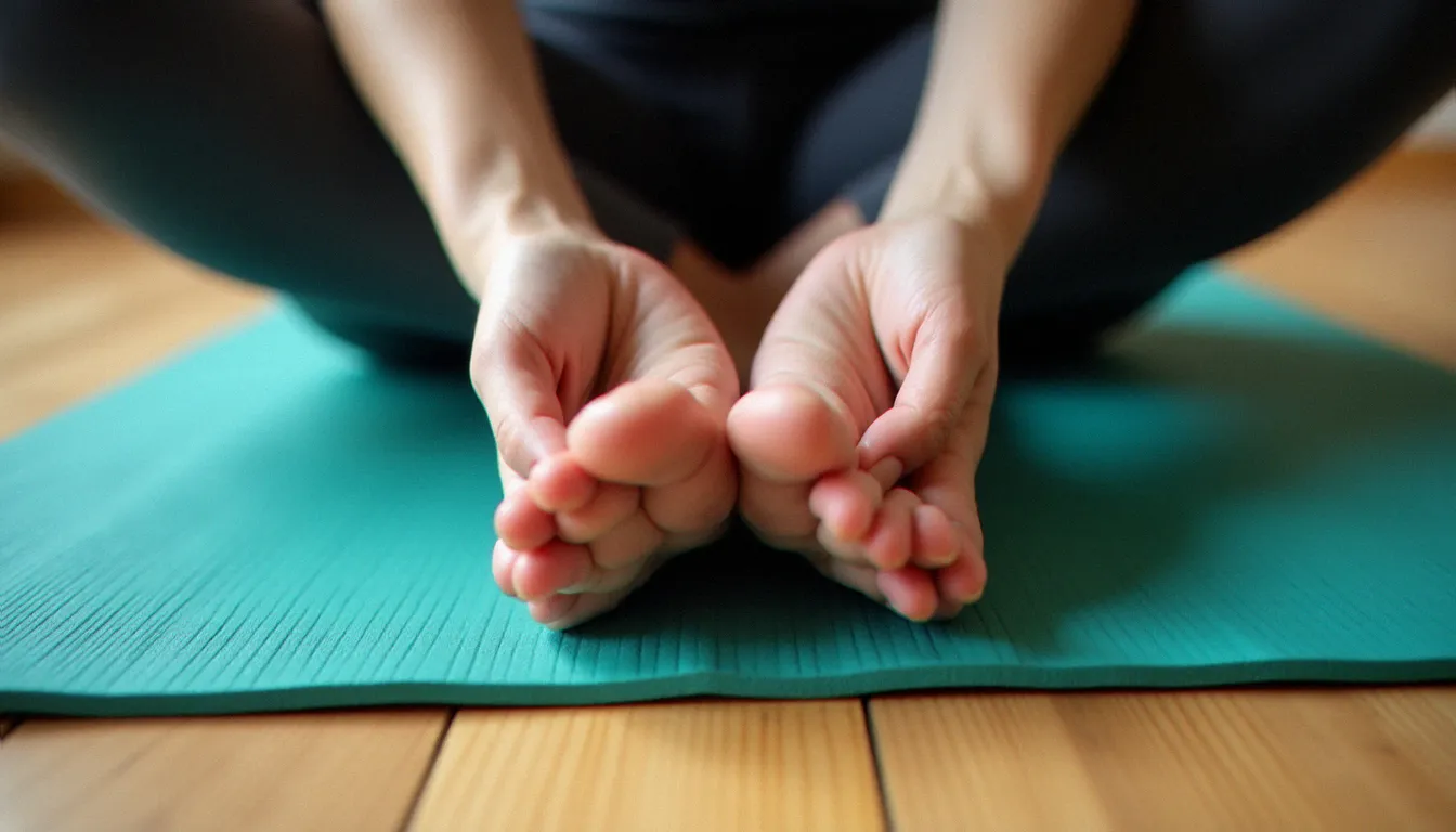 Posture de flexion avant en yoga sur tapis bleu, montrant la progression de la flexibilité après plusieurs semaines de pratique