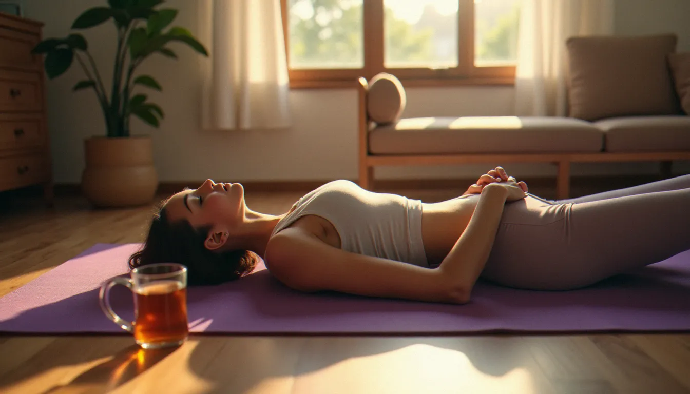 Femme allongée en savasana sur tapis de yoga dans un intérieur chaleureux, symbolisant la détente et les effets anti-stress du yoga au fil du temps