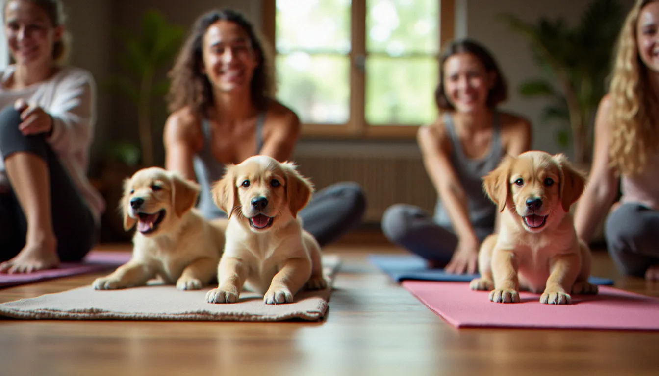 Groupe de participants souriants lors d'une session de puppy yoga avec des chiots golden retriever, illustrant les bénéfices amplifiés du yoga associé au contact avec les animaux