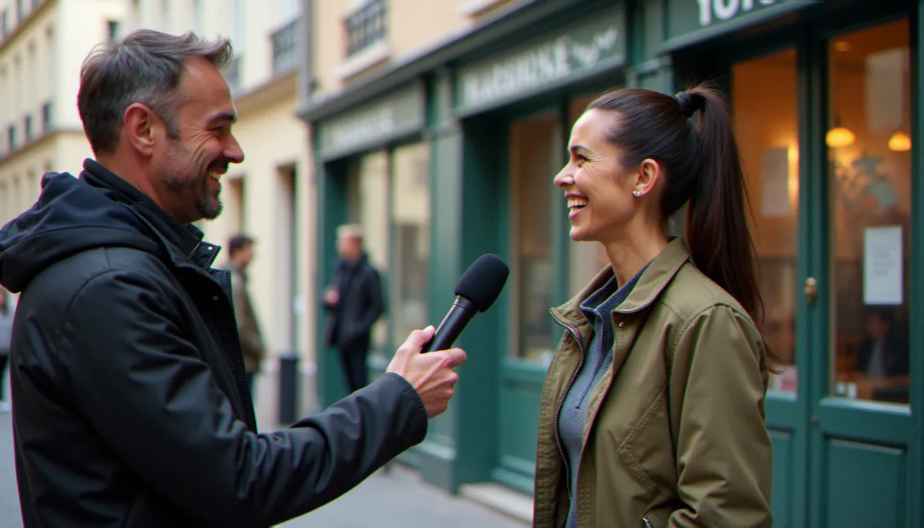 Journaliste de télévision régionale interviewant une professeure de yoga devant un studio, illustrant la couverture médiatique du yoga par France 3