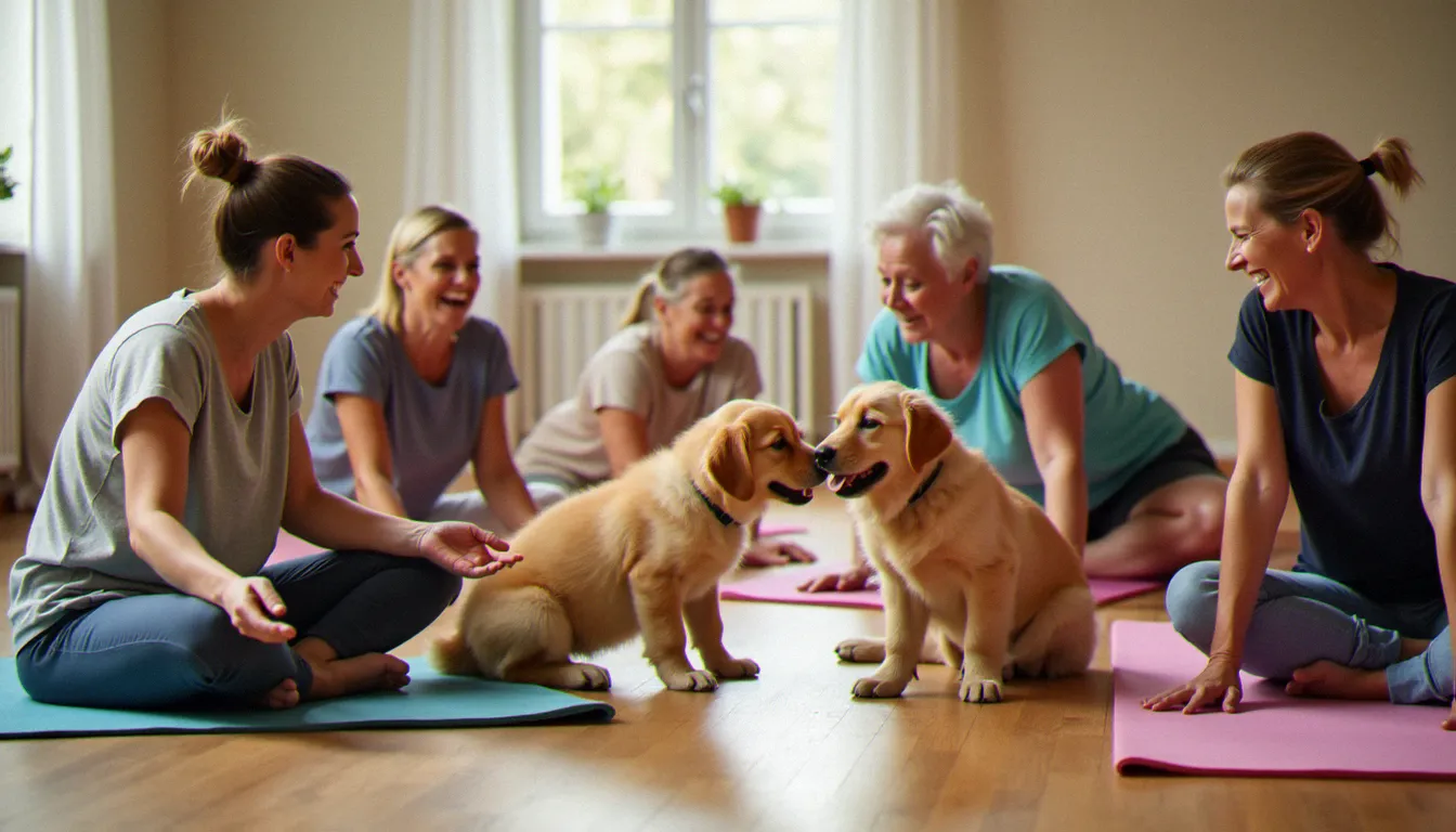 Séance de puppy yoga avec des chiots golden retriever se promenant entre les participants dans un studio lumineux, format tendance régulièrement couvert par France 3