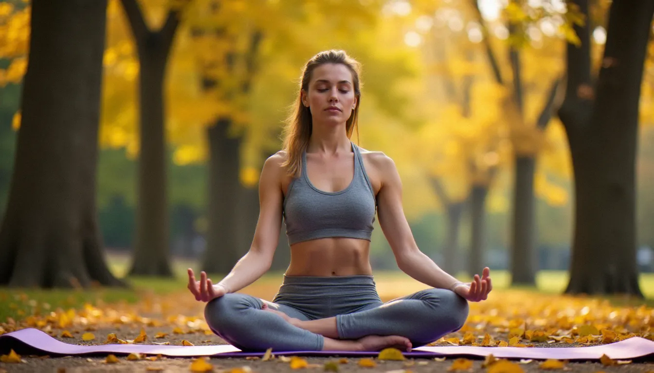 Femme pratiquant le Hatha yoga en plein air dans un parc français aux feuilles dorées, illustrant les différents styles de yoga populaires en France