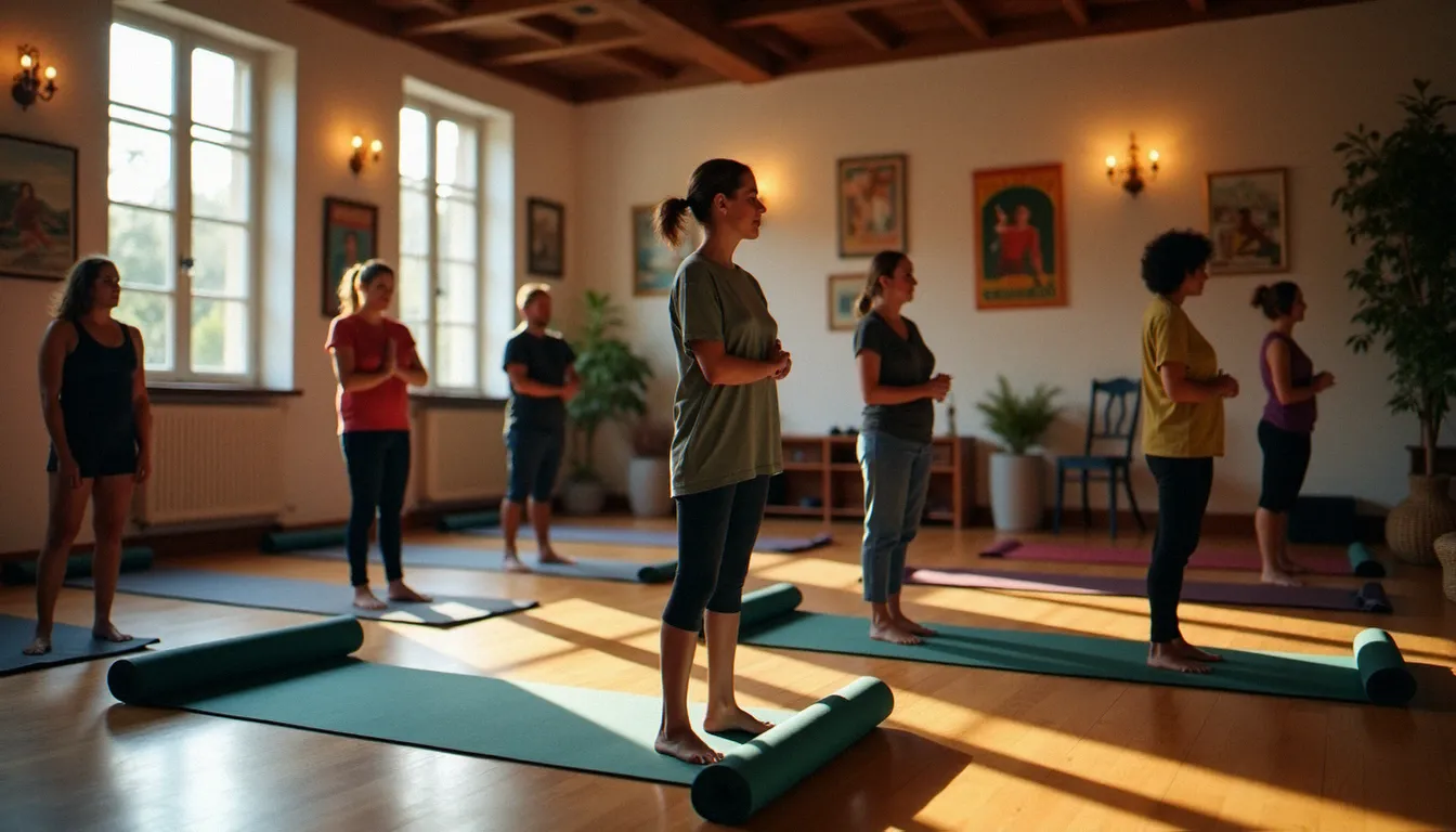 Salle d'association yoga française avec un groupe multigénérationnel préparant leurs tapis, reflétant l'enracinement du yoga dans la culture associative française
