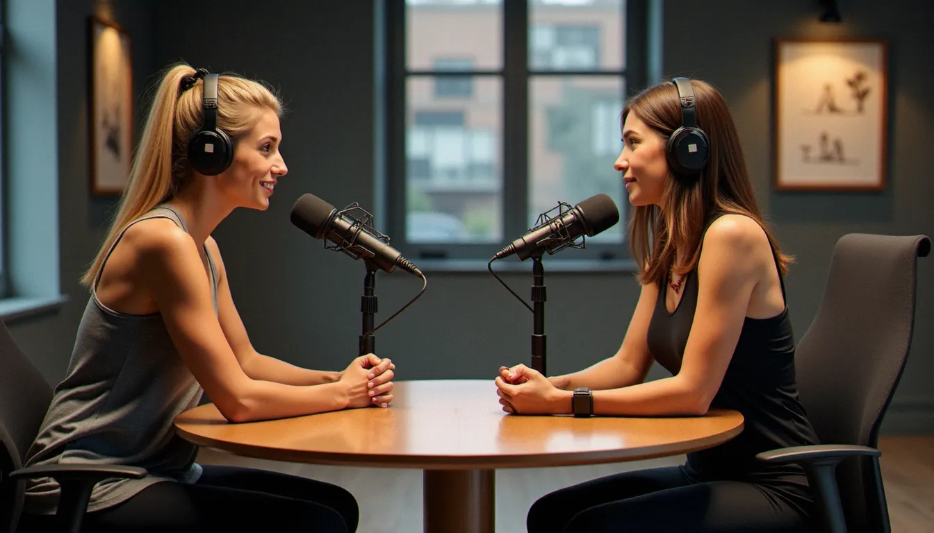 Une journaliste interviewe une professeure de yoga dans un studio de radio, représentant les émissions France Inter dédiées au yoga et au bien-être
