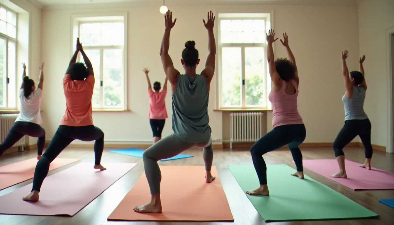 Un groupe varié de débutants pratique le yoga dans une salle communautaire lumineuse, illustrant l'accessibilité du yoga pour tous les profils évoquée dans les émissions scientifiques