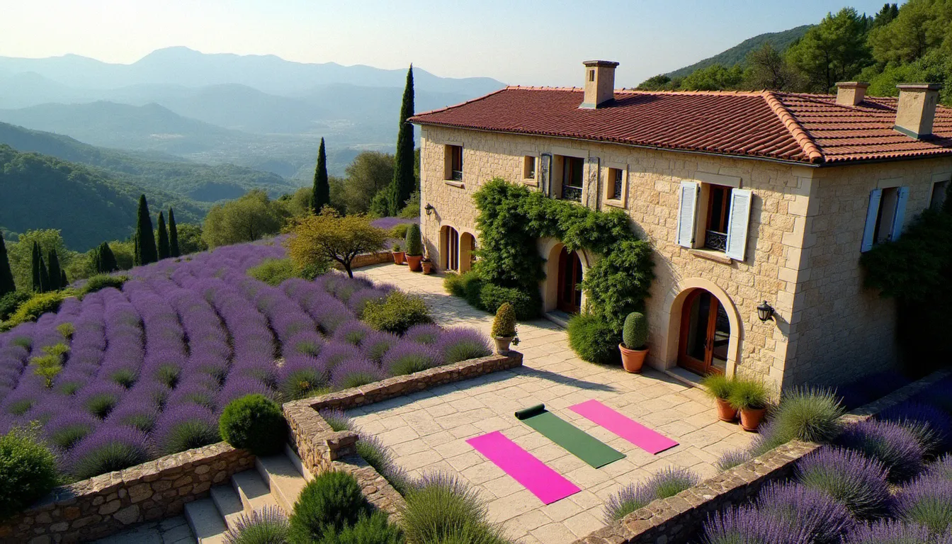 Vue aérienne d'un domaine provençal avec terrasse yoga et champs de lavande, destination idéale pour un yoga retreat en France
