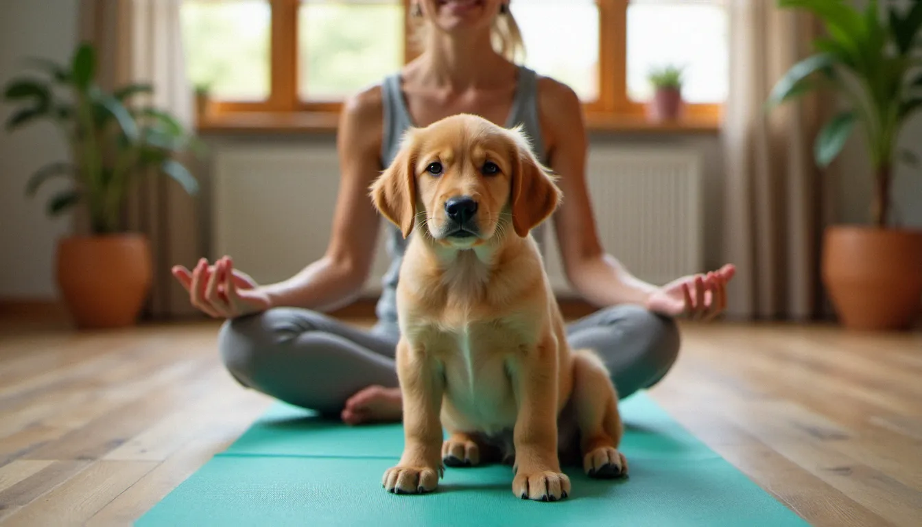 Chiot golden retriever assis sur un tapis de yoga pendant une séance de yoga avec animaux lors d'un retreat en France