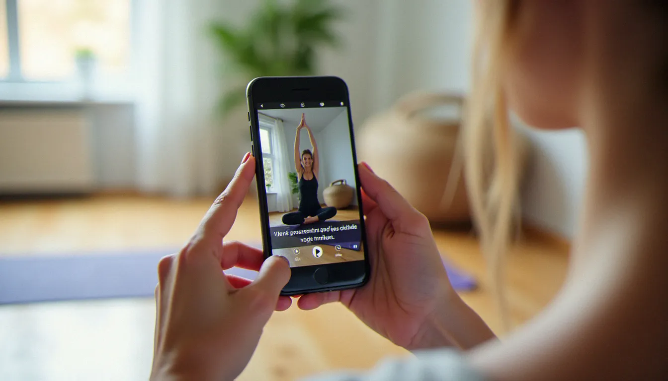 Personne regardant une vidéo de yoga France YouTube sur smartphone avant sa séance à domicile