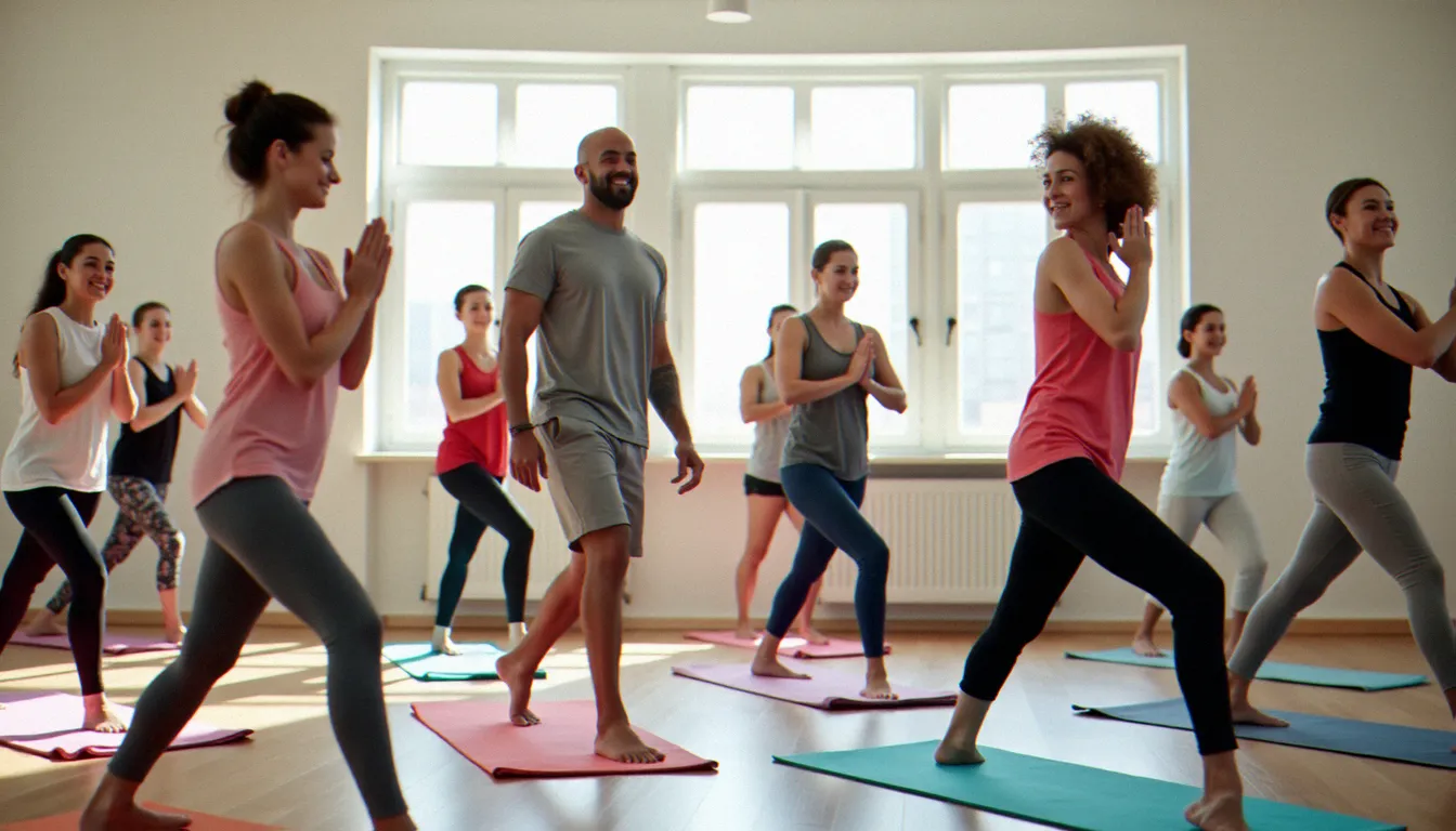 Groupe de pratiquants de yoga de tous âges dans un cours Hatha accessible, représentant l'approche inclusive du yoga Francesca Golfetto