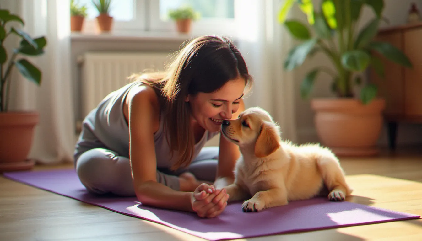 Femme en posture de l'enfant sur son tapis de yoga avec deux chiots dorés à ses côtés, illustrant le yoga bien-être avec animaux
