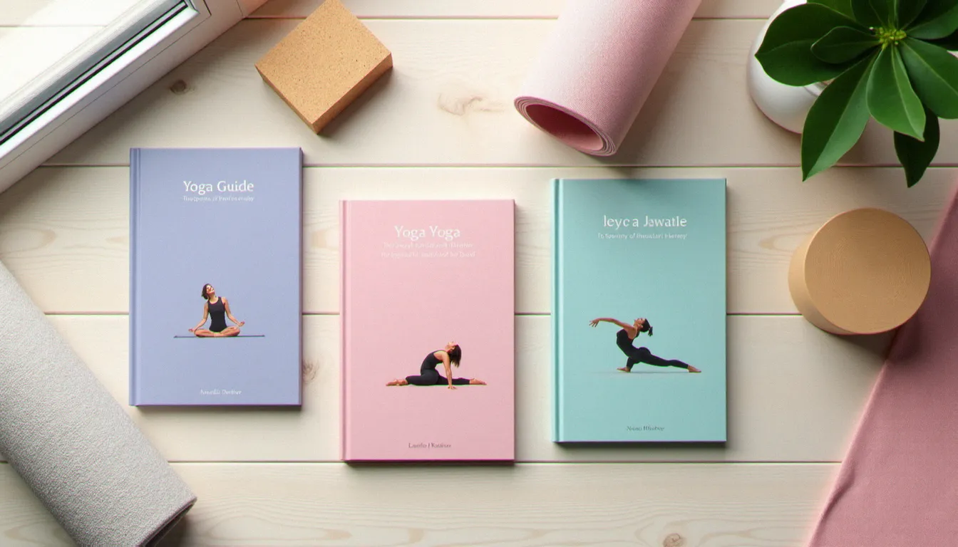 Sélection de plusieurs yoga guide books posés à plat sur une surface en bois avec des accessoires de yoga