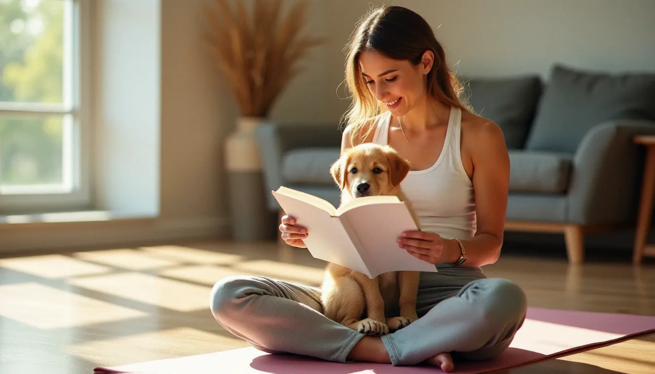 Une femme lit un yoga guide book sur son tapis avec un chiot golden retriever installé sur ses genoux dans un studio lumineux
