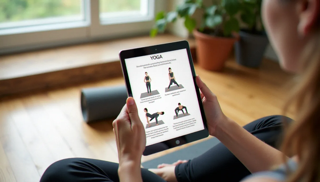 Mains tenant une tablette avec un guide PDF de yoga ouvert, posé sur un parquet en bois près d'un tapis de yoga enroulé