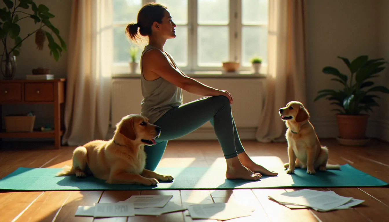 Femme en posture du guerrier sur tapis de yoga avec un chiot golden retriever assis à côté, guide yoga PDF posé au sol dans un espace maison chaleureux