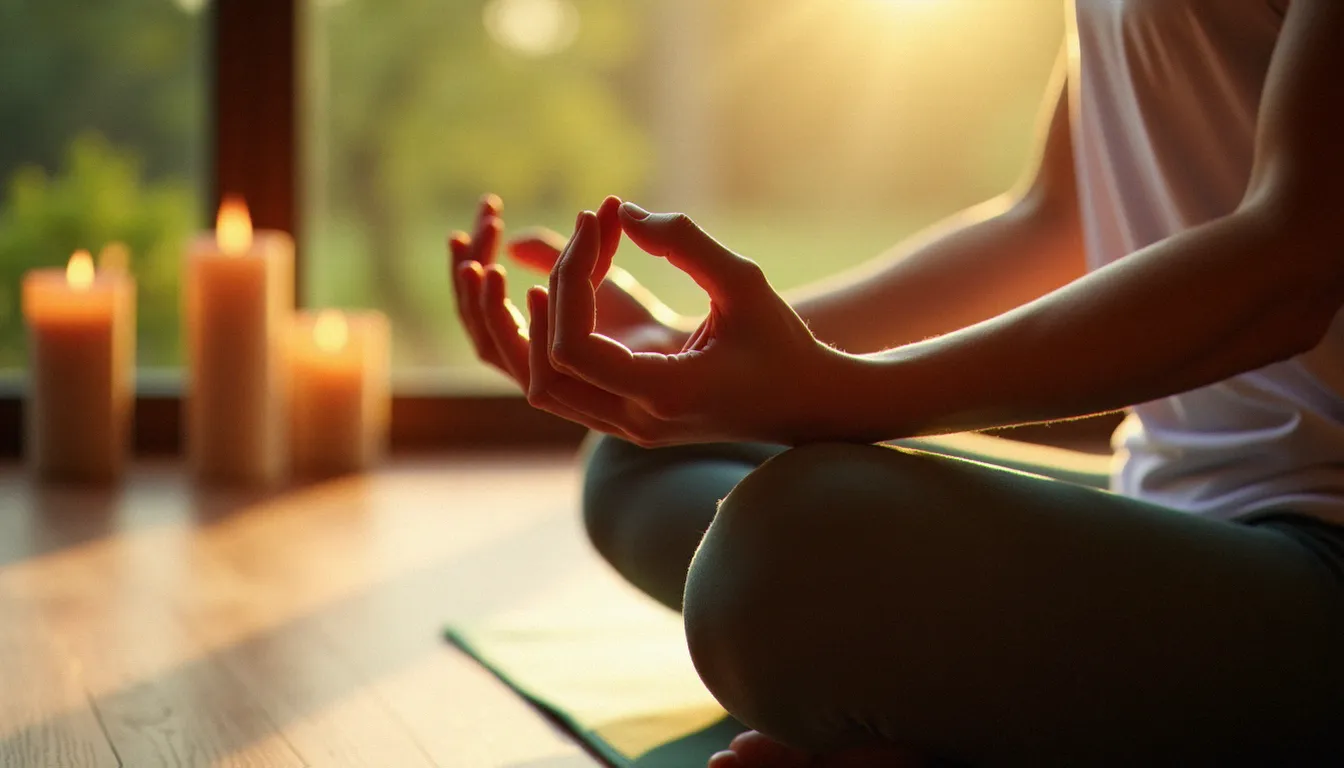 Mains en mudra pendant une séance de yoga guided meditation assise sur un tapis beige, éclairage naturel chaud