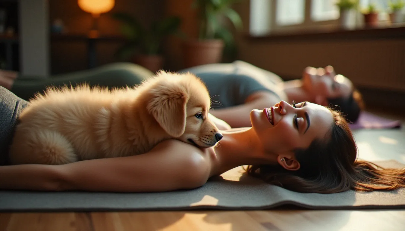 Chiot golden retriever endormi sur le ventre d'une participante en shavasana lors d'une session de yoga guided meditation avec chiots
