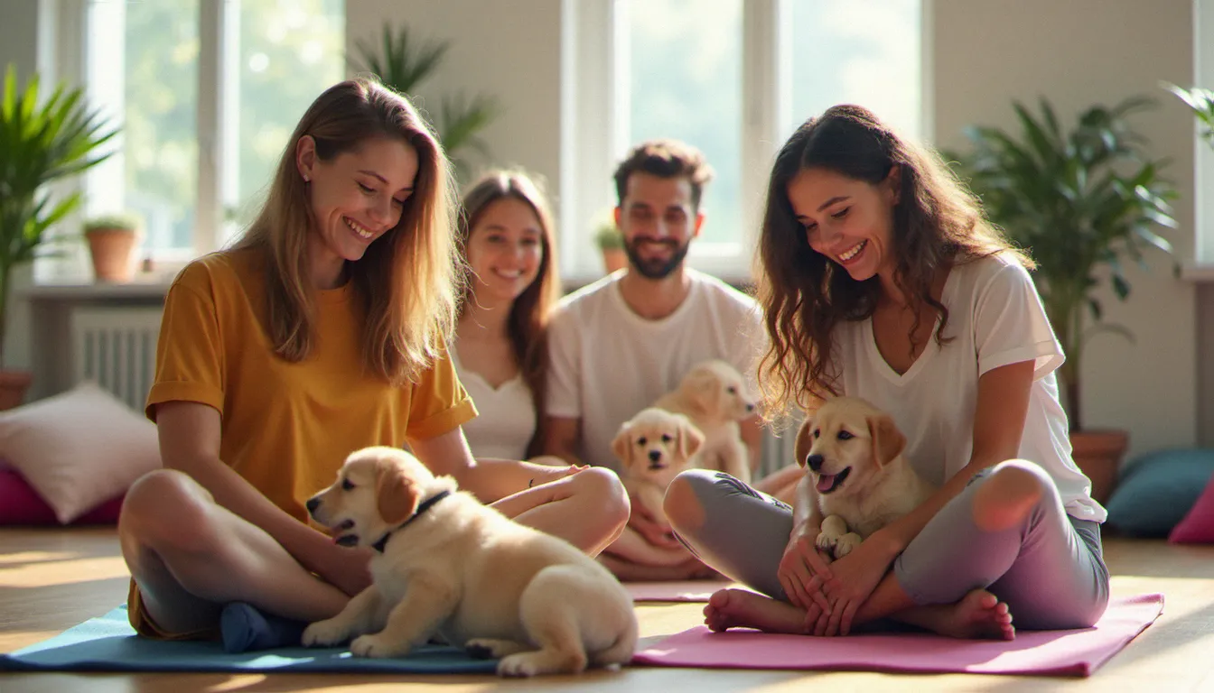 Groupe de participants souriants en séance de Puppy Yoga avec des chiots golden retriever, ambiance joyeuse et décontractée dans un studio lumineux