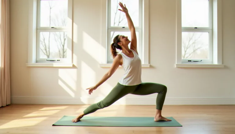 Femme pratiquant une pose de yoga guerrier dans un studio lumineux, illustrant le choix du meilleur yoga selon son profil