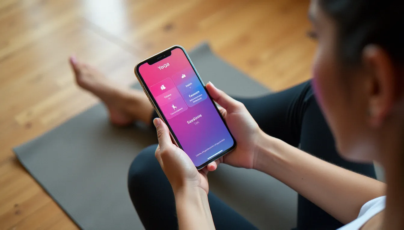 Gros plan sur un smartphone affichant une interface d'application de yoga posé sur un tapis enroulé, illustrant les critères de choix d'une appli de yoga