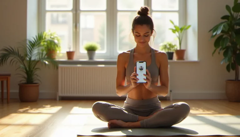 Femme pratiquant le yoga en regardant une appli de yoga sur son téléphone dans un appartement lumineux — comparatif yoga meilleure appli