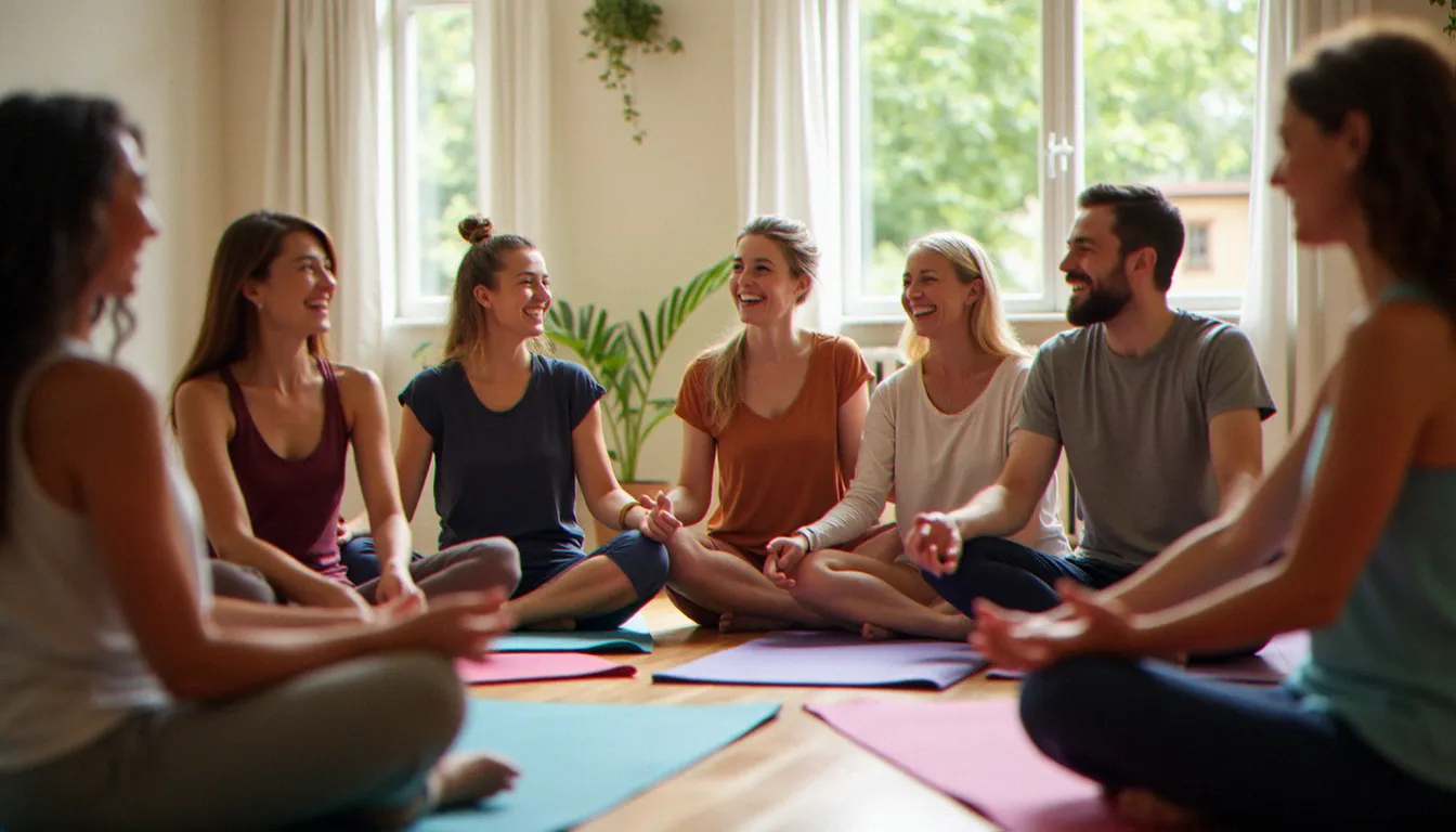 Groupe diversifié de pratiquants de yoga de tous âges dans un studio communautaire lumineux, montrant l'accessibilité du yoga pour tous