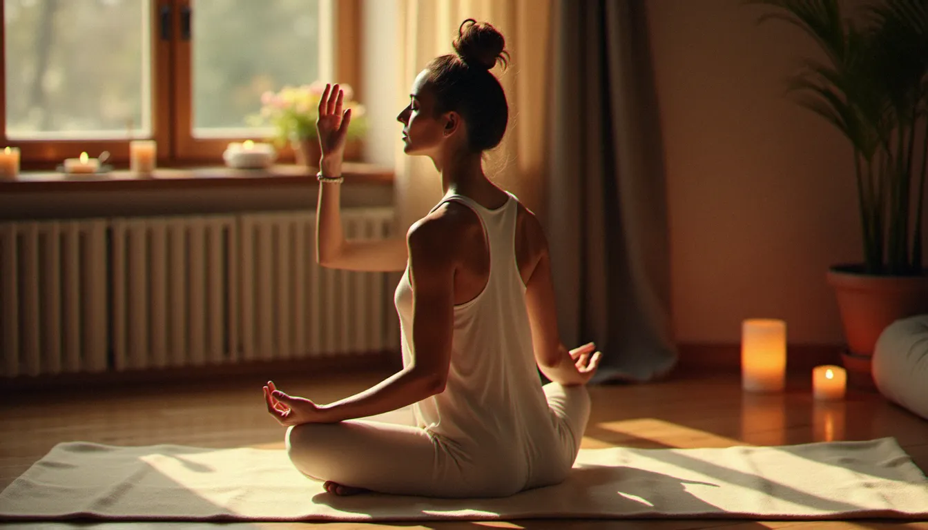 Femme pratiquant le Nadi Shodhana pranayama, technique de respiration alternée par les narines, en position méditative sur son tapis de yoga