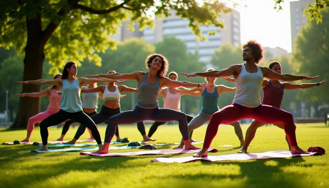 Cours de yoga en plein air dans un parc de Lyon, groupe de pratiquants en posture du guerrier sur tapis colorés sous les arbres
