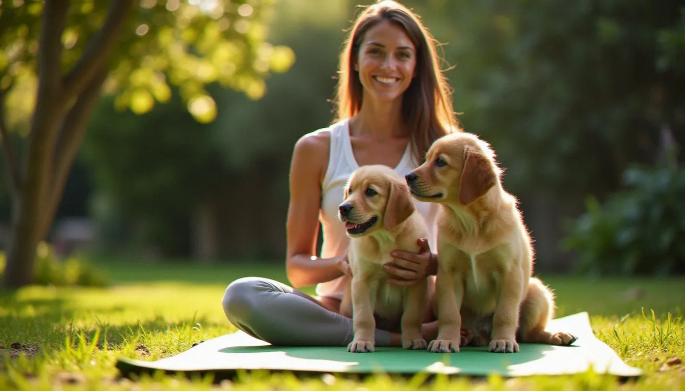 Séance de puppy yoga sans appui sur les mains en plein air avec un chiot golden retriever pendant une flexion avant assise